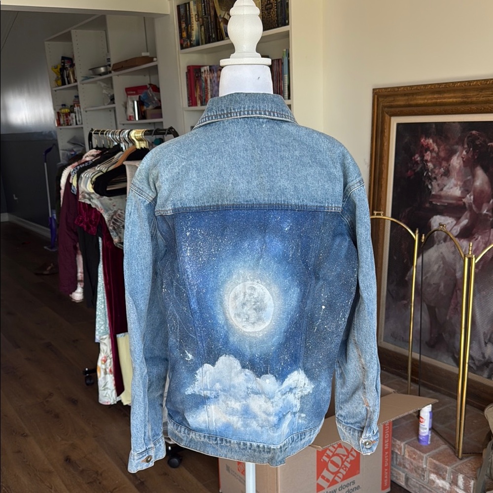 Hand-Painted Denim Jacket with Moon and starry sky